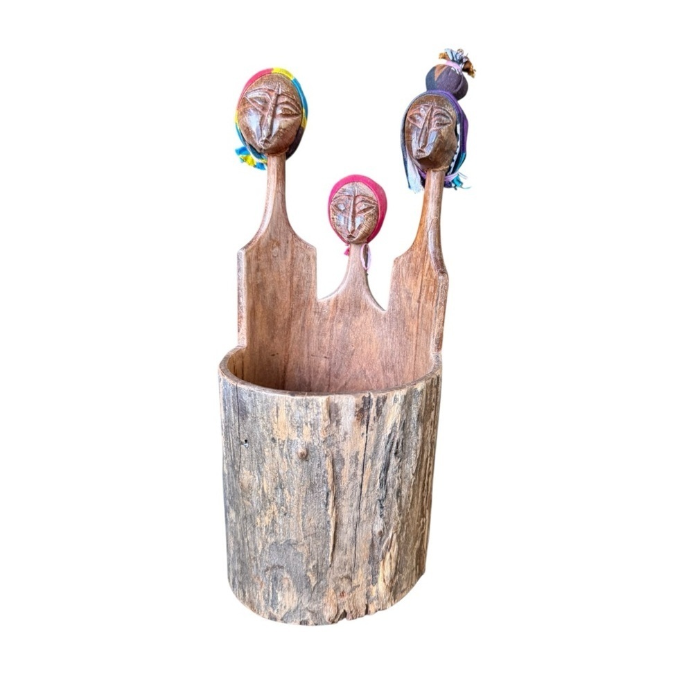 Hand Carved African Women Wood Sculpture Pencil Holder Folk Art Mozambique Style - Picture 3 of 14